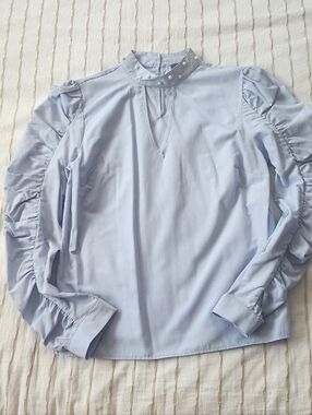 Primark Pale Blue Pearl-Trim High Neck Ruffle Sleeve Top
